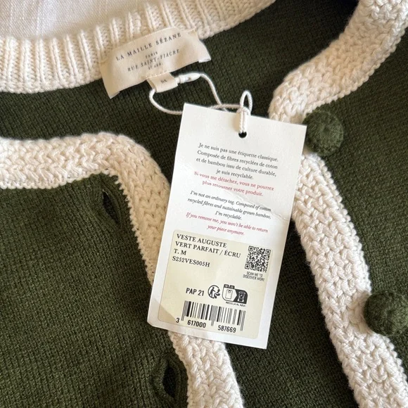 NWT Sezane Olive Jacket with Cream Accents - Picture 5 of 7